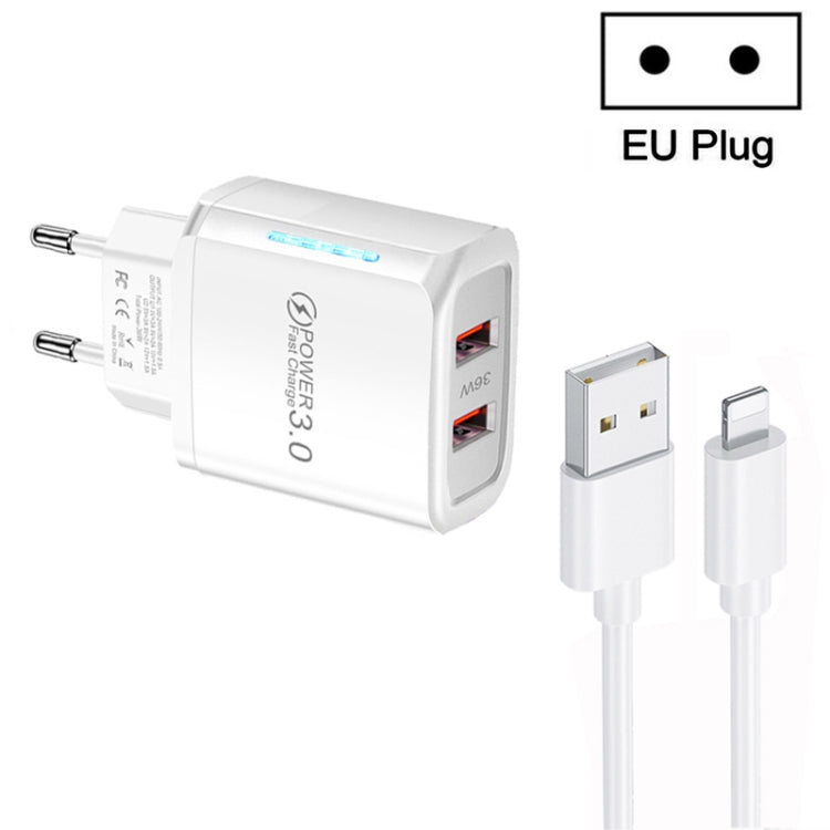 36W Dual Port QC3.0 USB Charger with 3A USB to 8 Pin Data Cable, EU Plug, EU Plug + USB to 8 Pin Cable